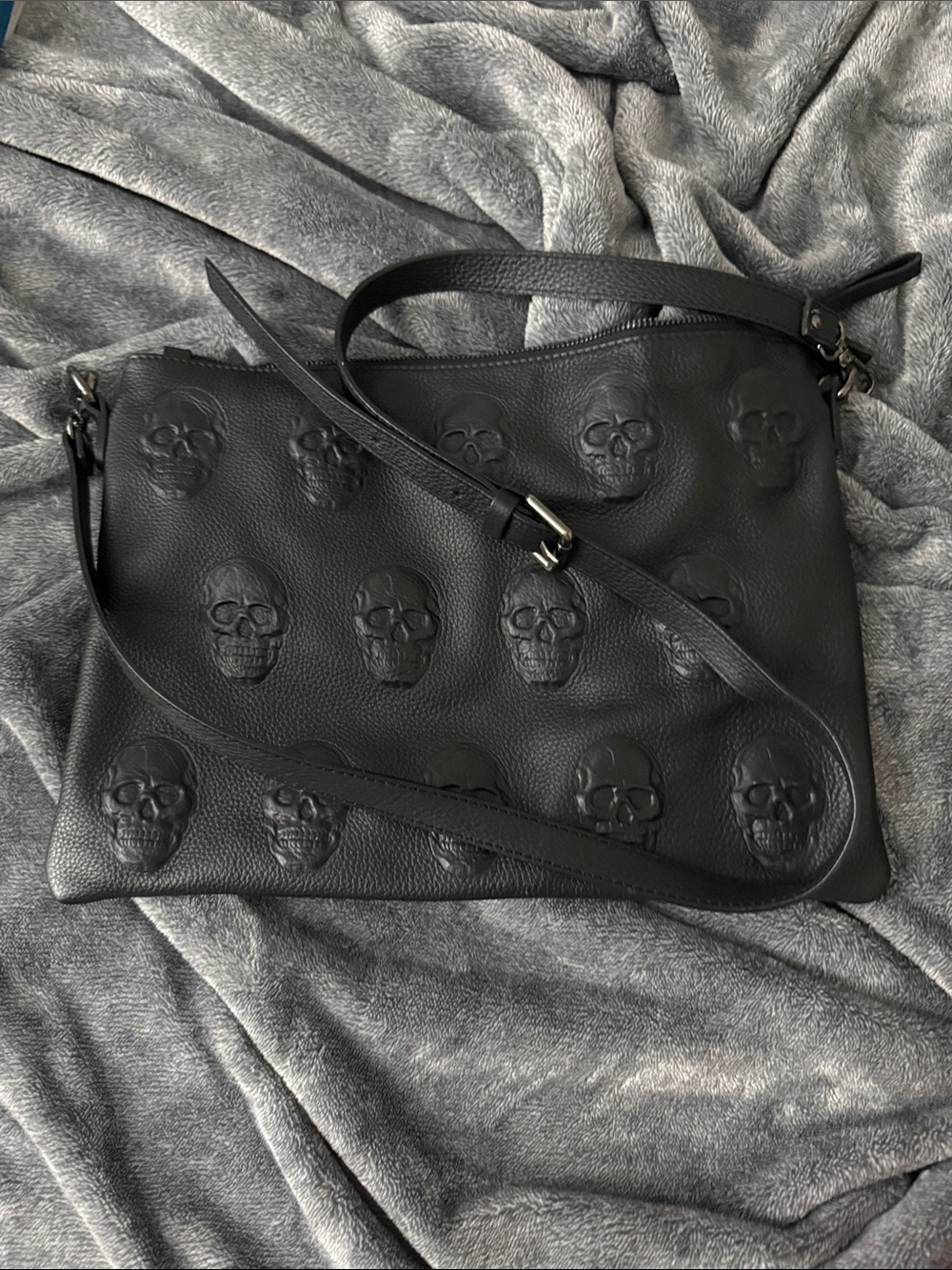 Embroidered Skull Black Leather iOpelle Crossbody Bag